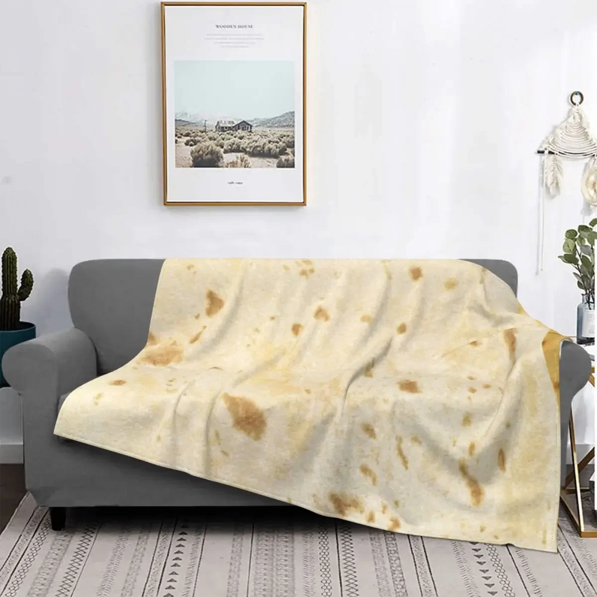 Flour Tortilla Burrito Taco Pattern Throw Blanket, Food Print Flannel Fleece Blankets, Fuzzy Warm Outdoor Picnic Blankets