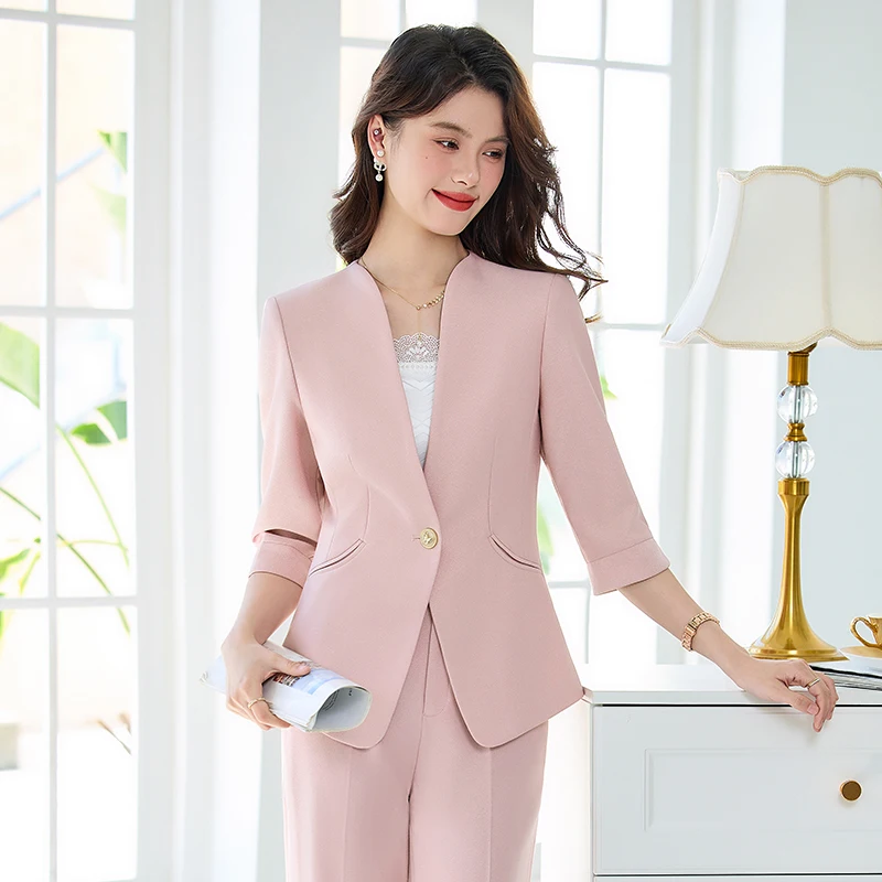

High-End Pink Sleeveless Women's Suit Pants Mid-Length Sleeves Single Button Professional Attire for Summer 2026 Lawyers