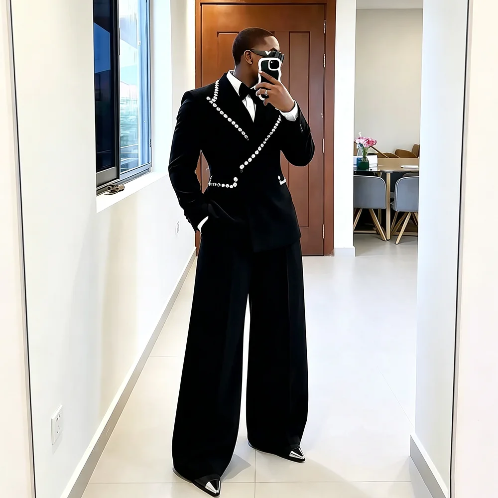 Wedding Formal Black Men Suits 2 Pieces Notched Lapel With Crystal Prom Suit for Man Tuxedo Jacket+Wide-leg Pants Customized