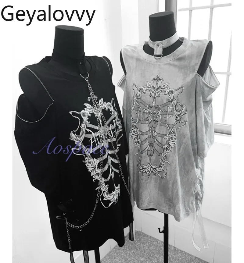 

Japanese Style Original Off-Shoulder Tie-Dye Halter Chain Short Sleeve T-Shirt Summer New Sweet Girl Versatile Printed Loose Top