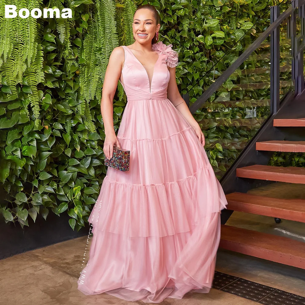 

Booma Pink A Line Evening Dresses Deep V Neck Tiered Flowers Party Prom Gowns Formal Occasion Dresses for Women Abendkleider