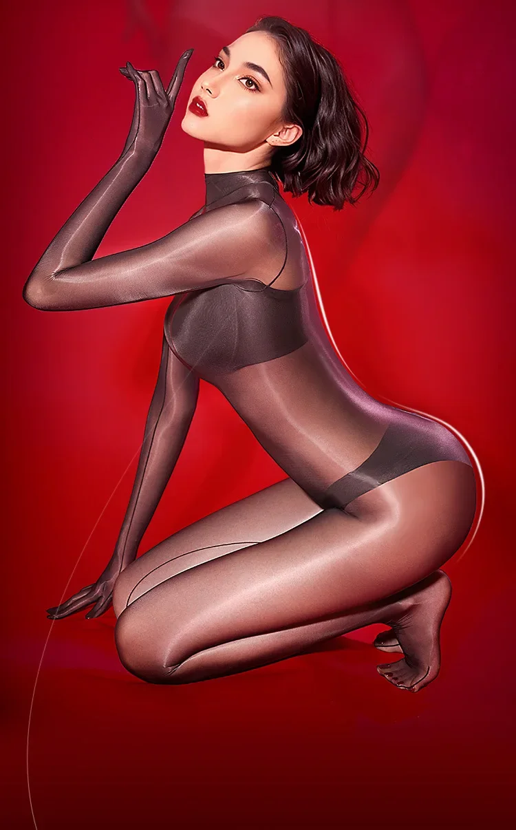 Sexy Women Home Yoga Bodysuit Oil Glossy Shiny Glove Open Crotch Shaping Tights Sheer See Through Cosplay Maid Leotard