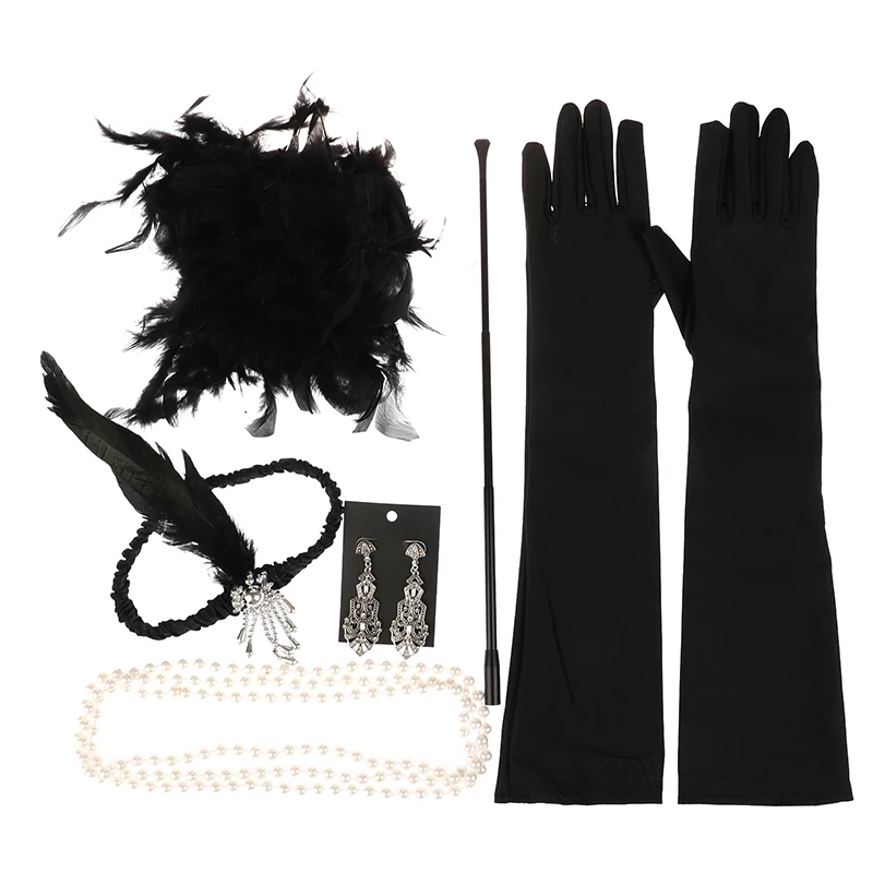 1920s Women Vintage Flapper Gatsby Costume Accessories Set 20s Headband Pearl Necklace Gloves Cigarette Holder Anime Earring Set