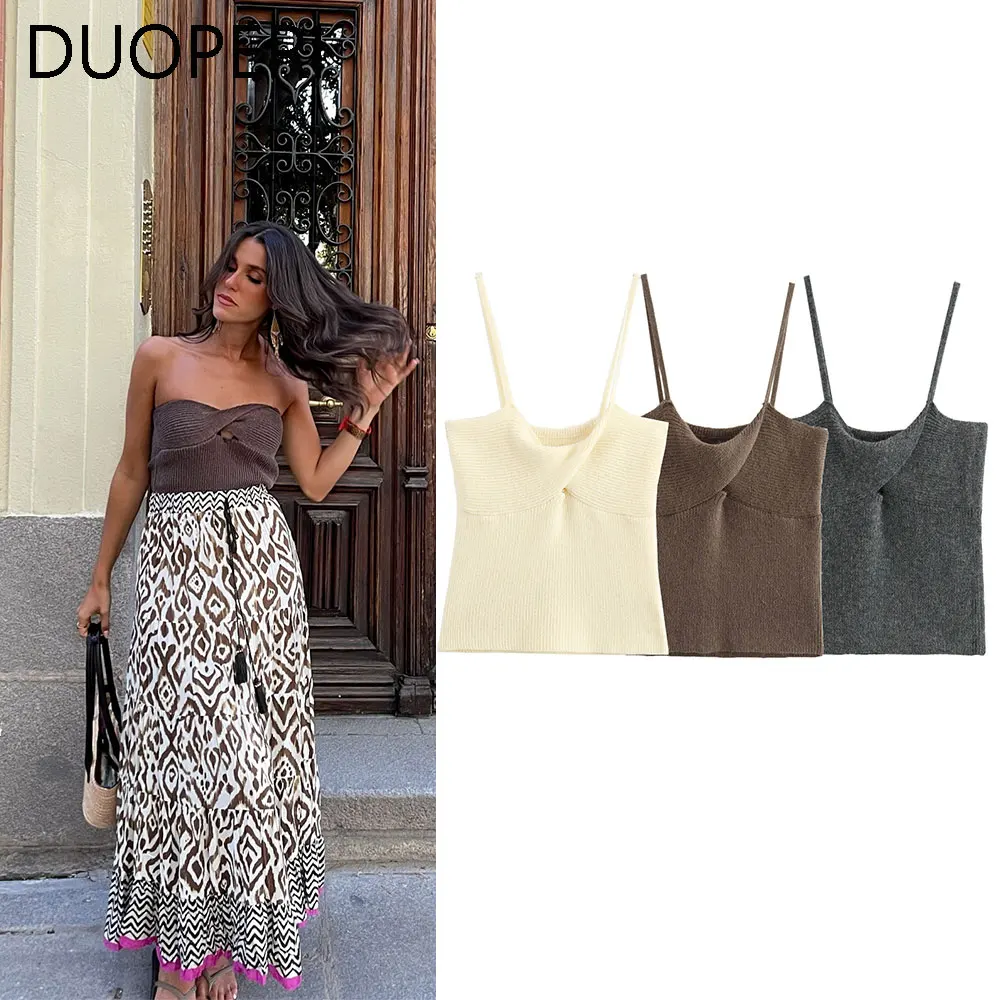 DUOPERI Fashion Solid Knitted Sweater Camisole Tops Thin Straps V-Neck Female Chic Lady Casual Crop Top Vest