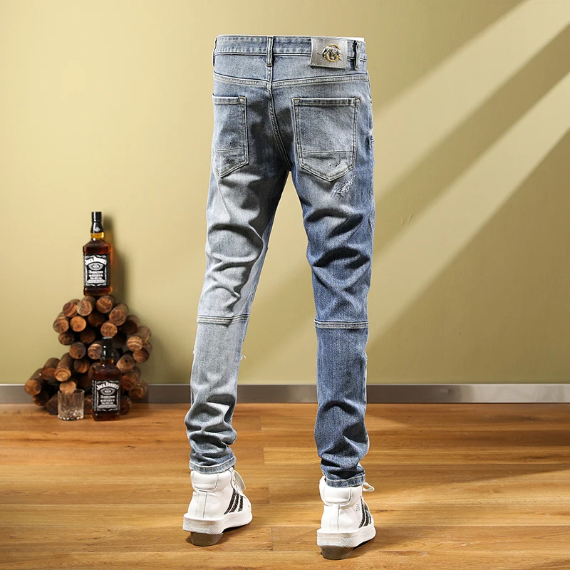 Street Fashion Men Jeans Retro Blue Elastic Stretch Skinny Fit Spliced Ripped Jeans Men Patched Designer Hip Hop Pants Hombre