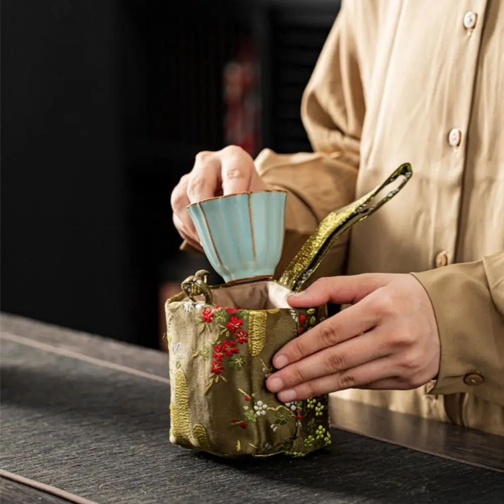 Household Portable Teapot Bag Purse Chinese Style Brocade Embroidery Handbag Vintage Fabric Teacup Pouch Travel