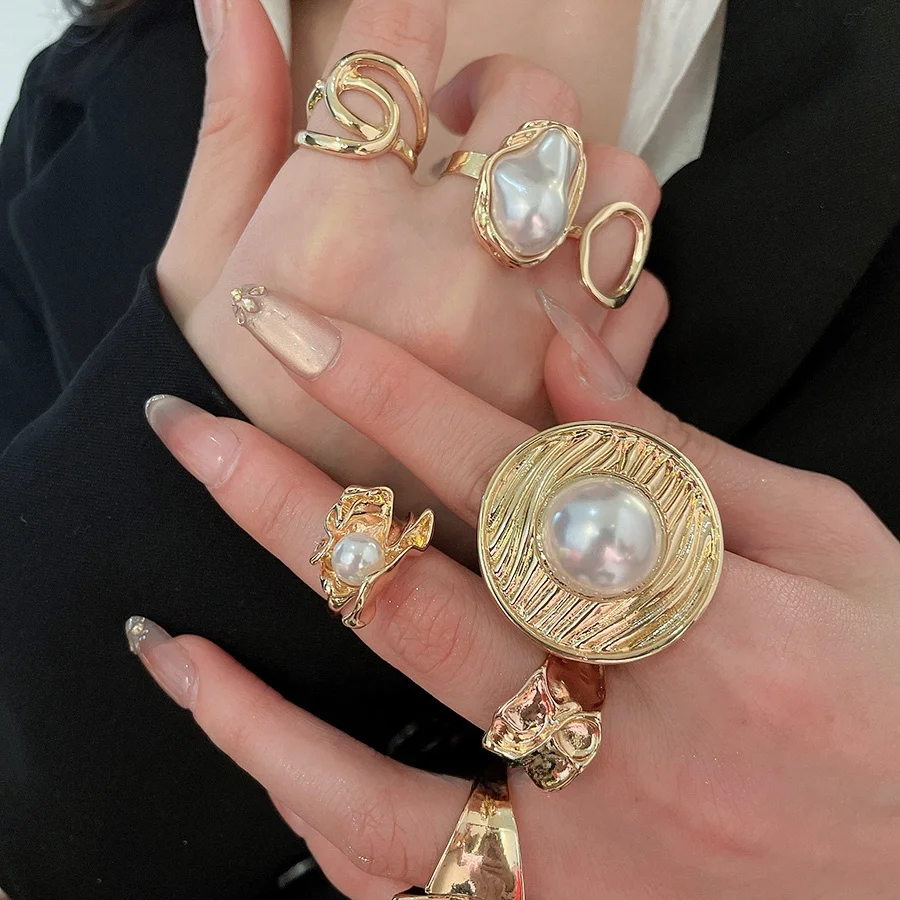 

Набор открытых колец с жемчугом и полосками, в стиле оверсайз, модные и уникальные украшения для женщин