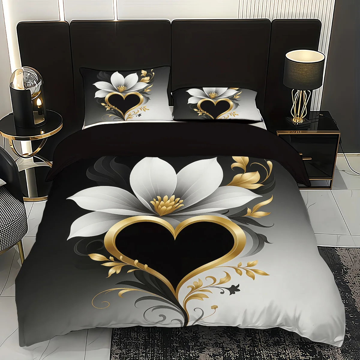 

Black White Bedding Set Golden Flowers Soft Comfortable Duvet Cover King Queen Twin Single Size for Bithday Gift Room Decoration