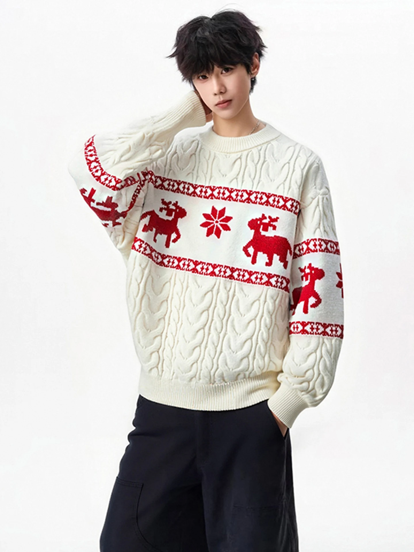 

Retro American Deer Pattern Knitted Sweater Men's Thi Warm Inner Wear Casual Sle Polyester Fiber Long Sve round Ne Top