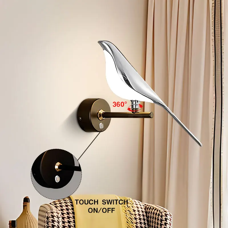 Imagem -05 - Nordic Indoor Led Wall Lights com Touch Switch Lâmpadas Led para Casa Quarto Sala de Estar Magic Bird Rotação de 360 °