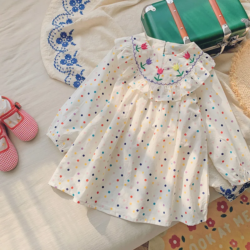 

Korean Children's Clothing Colorful Polka Dot Tulip Embroidery Girls Dress Autumn Long Sleeve Children's Skirt with Lace Hem