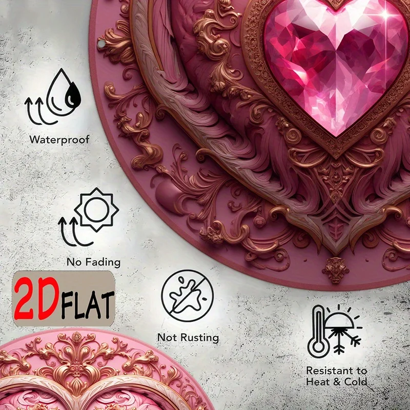 2D Flat Romantic Pink Heart Gold Pattern, Vintage Round Aluminum Plaque, 7.87x7.87 Inches Outdoor Hanging Sign, Exquisite Home A