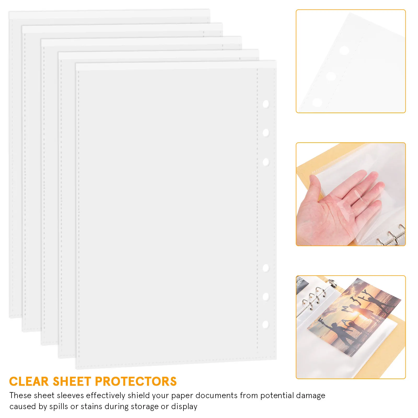 50Pcs Punch Hole Clear Binder Sleeves Multi Purpose Page Protectors for Photo Album Refills Certificate Storage Office School