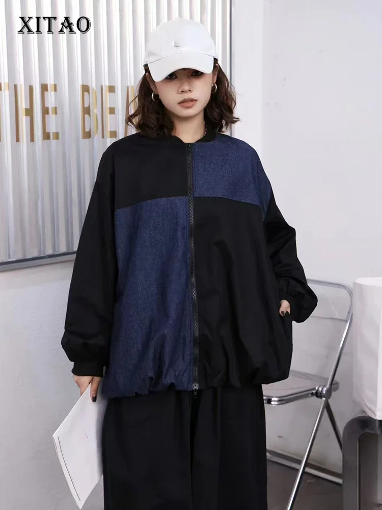 

XITAO контрастного цвета на молнии в стиле пэчворк куртка с круглым вырезом и длинным рукавом модное свободное универсальное повседневное женское пальто 2024, осенняя новинка GJ1095