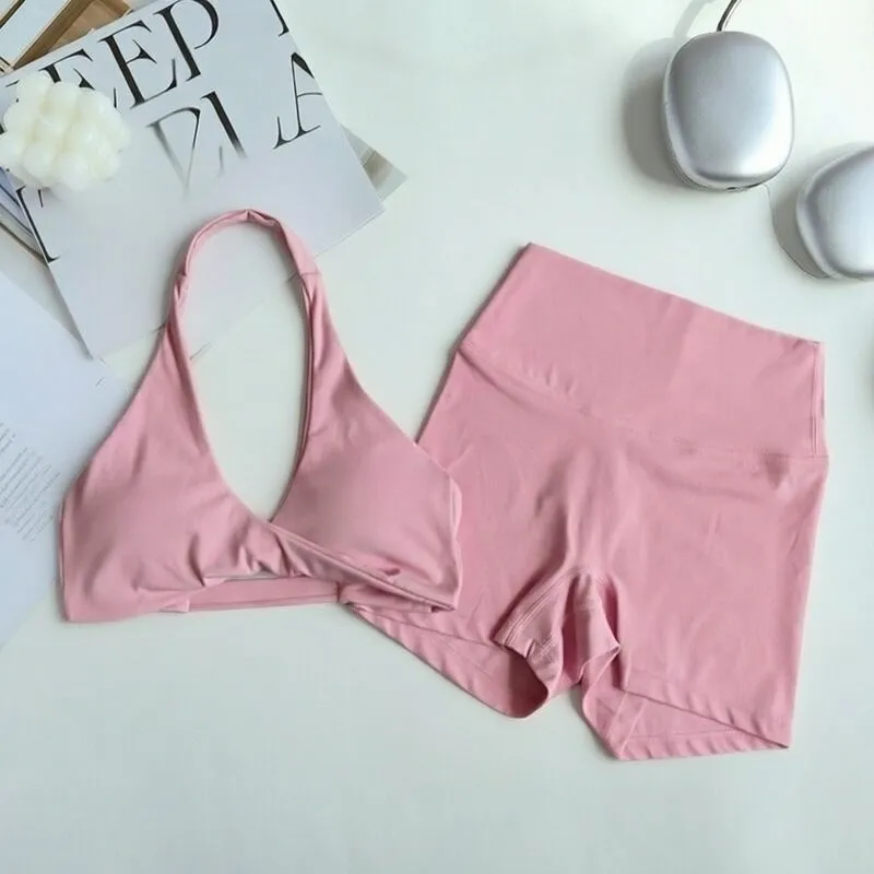 Women's Pilates Vest Hanging Neck Push-Up Sports Bra Beautiful Back Breast-Showing Fitness Yoga Wear Shorts Set Training