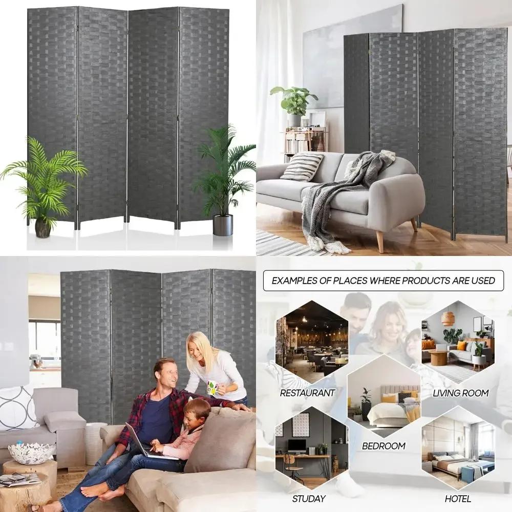 

Wooden 4-Panel Folding Room Divider with Hand-Woven Mesh Design for Indoor Use and Portable Partitioning