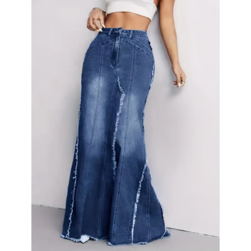 Women's High Waist Stretch Denim Skirt Slim Fit Frayed Hem Casual Fashion Bodycon Skirt