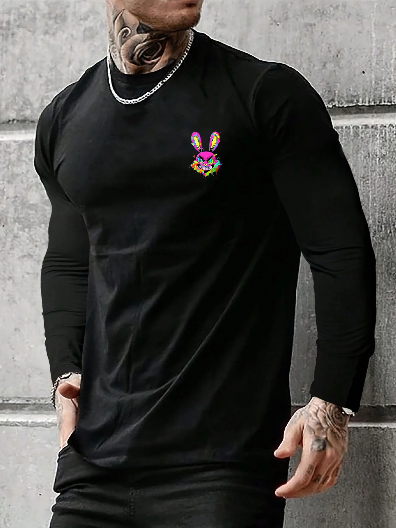 

Men's 100% pure cotton loose and comfortable sports casual angry rabbit pattern printed round neck long sleeved T-shirt top