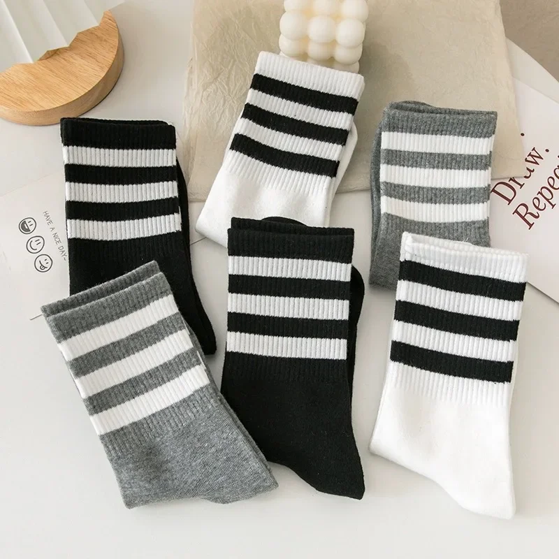 1-3pairs Solid Color Stripe Socks Women Simple Sports Crew Skateboard Mid Tube Sock Unisex Breathable Cotton Knitted Long Sox