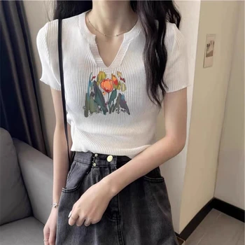여성 여름 한국 패션 인쇄 아이스 조각 V넥 반팔 니트웨어, 캐주얼 올매치 얇은 탑 티