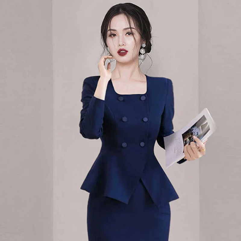 Fall OL Temperament Skirt Set Women Elegant Office Square Collar Blazer + High Waist Skirt High Quality Workwear 2 Piece Suit