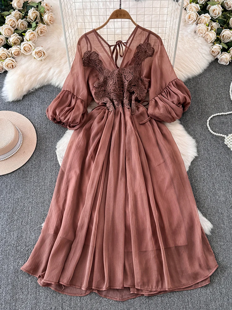 2024 Summer Bohemian Vacation Women's New Fashion Texture Embroidered Lace Chiffon Long Dress A33