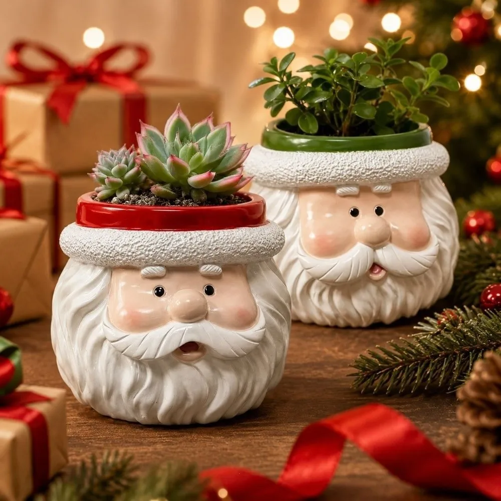 Home Decor Cartoon Santa Claus Flower Pot Resin Holiday Christmas Ornaments Storage Pencil Holder Tabletop Plant Planter Office