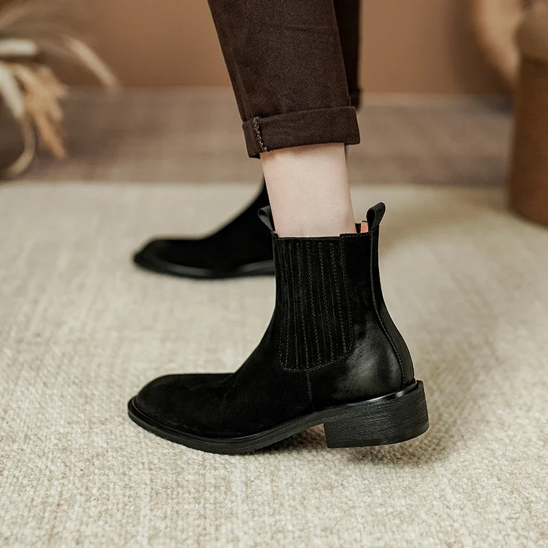 

Top Layer Nubagor Round Toe Med Heels Chelsea Boots Women 2023 Autumn Winter Plush Chunky Heel Slip-on Classic Style Short Boots