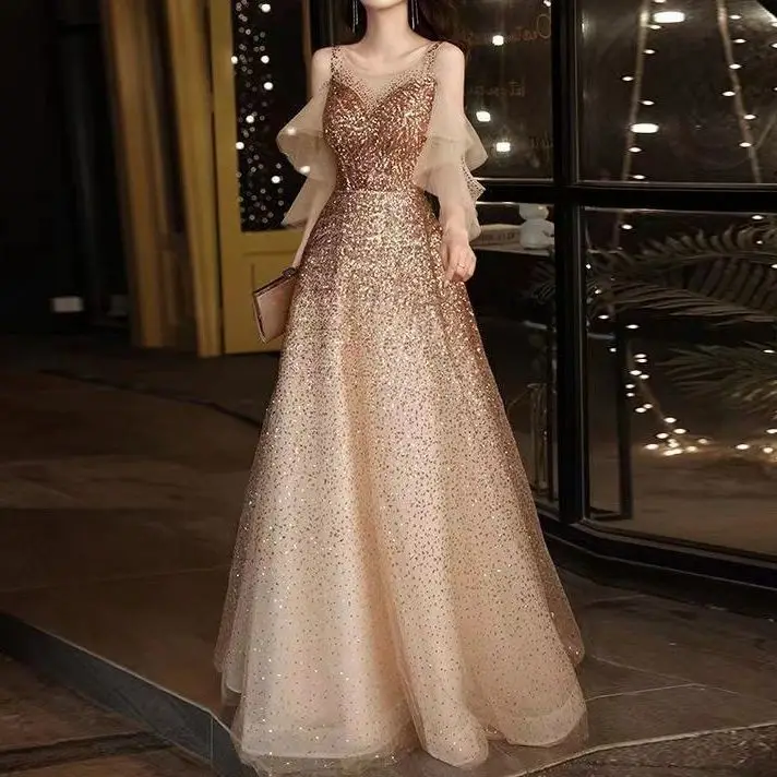 

Golden Sequin Evening Dress Female Elegant O-Neck Lace A-Line Floor-length Shiny Sparkly Host Prom Party Gowns Vestidos De Noche
