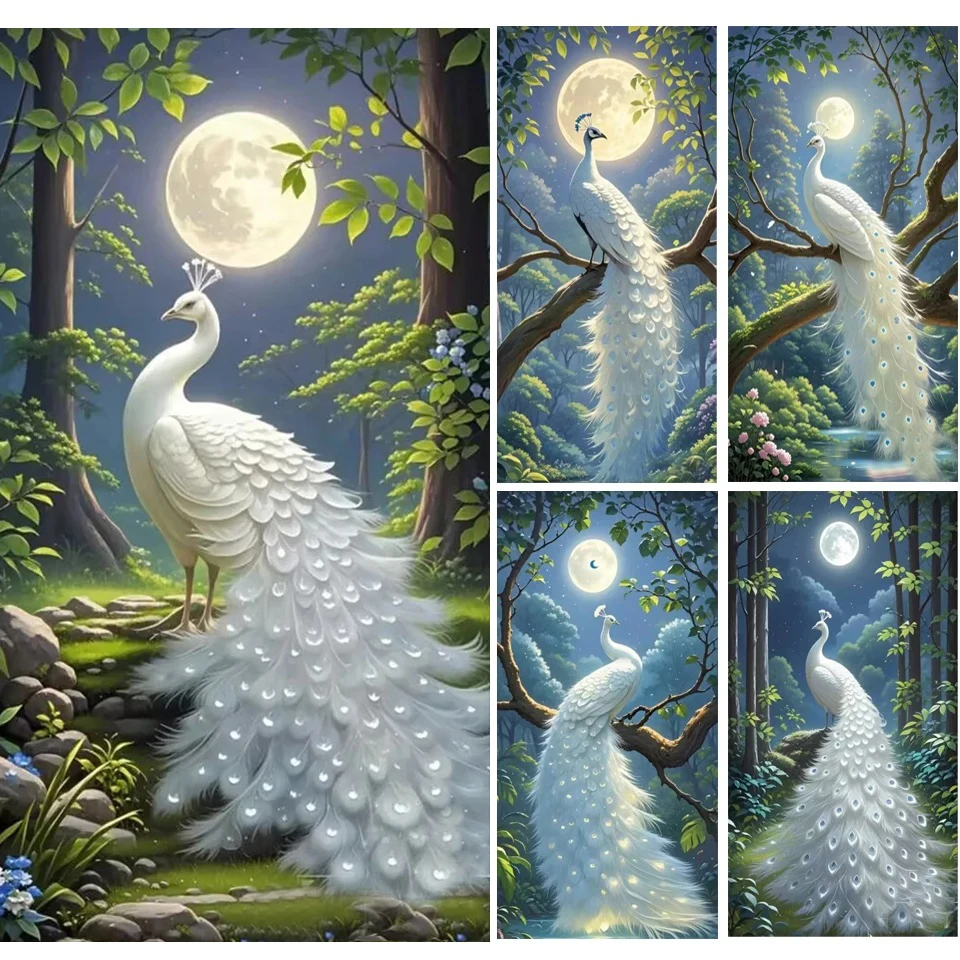 Large DIY 5D Diamond Painting White Peacock Moon Night Landscape Full Square Round Mosaic Diamond Embroidery Art Rhinestone