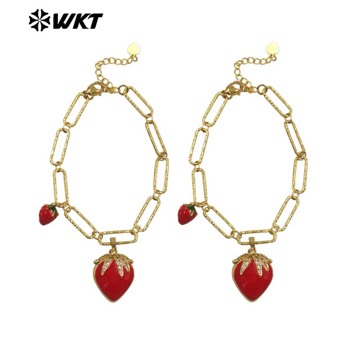

WT-JF366 High Quality Beautiful Ladies Bracelet Double Strawberry Charms Gold Plated Rectangle Chain Yellow Brass With Drop Oil