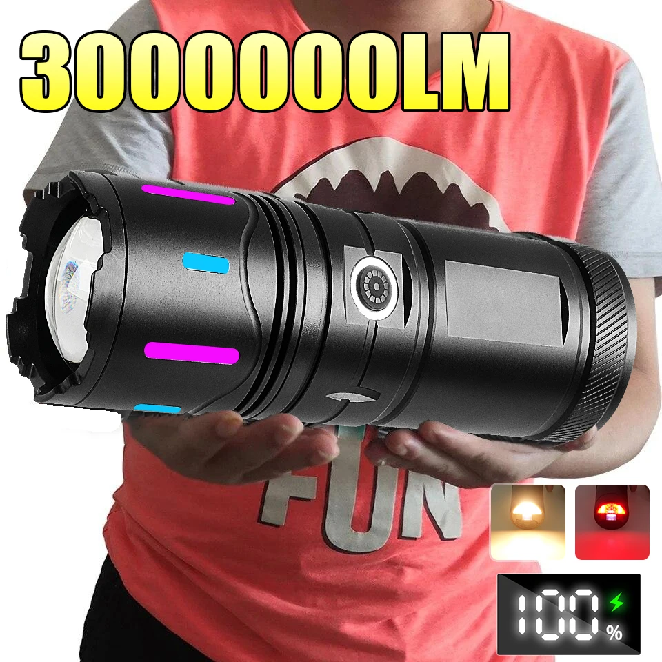 

Powerful Flashlight 3000000LM Super Bright Tactical Flashlights With COB LED Lights Camping Lantern USB Rechargeable For Outdoor