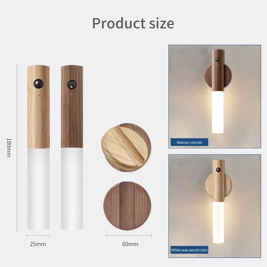 LED Night Light Human Sensor Wireless Magnetic Wood Wall Lamp Bedside Lighting Portable Kitchen Bedroom Cabinet Closet Light