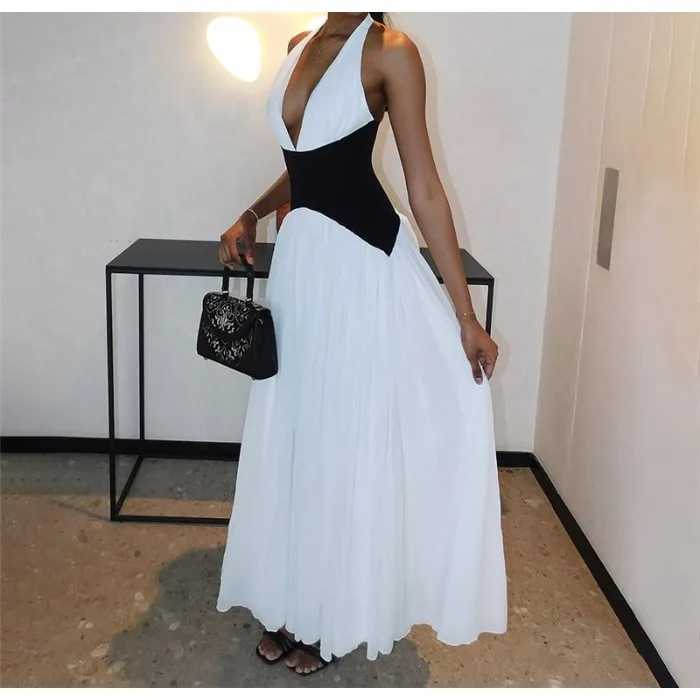 Elegant Women's Dress 2025 Summer Fashion Sexy V-neck Hanging Neck Color Blocked Splicing Waist Cinching Sleeveless Long Skirt
