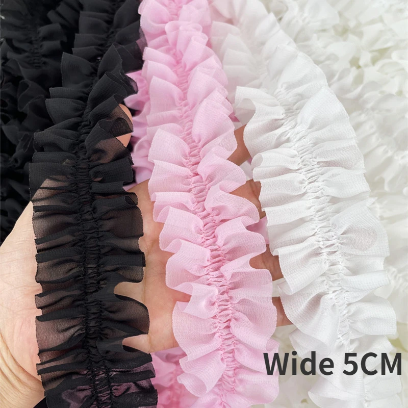 5CM Wide White Black Pink 3d Pleated Chiffon Fabric Embroidered Fringe Ribbon Lace Collar Ruffle Trim Dresses DIY Sewing Decor