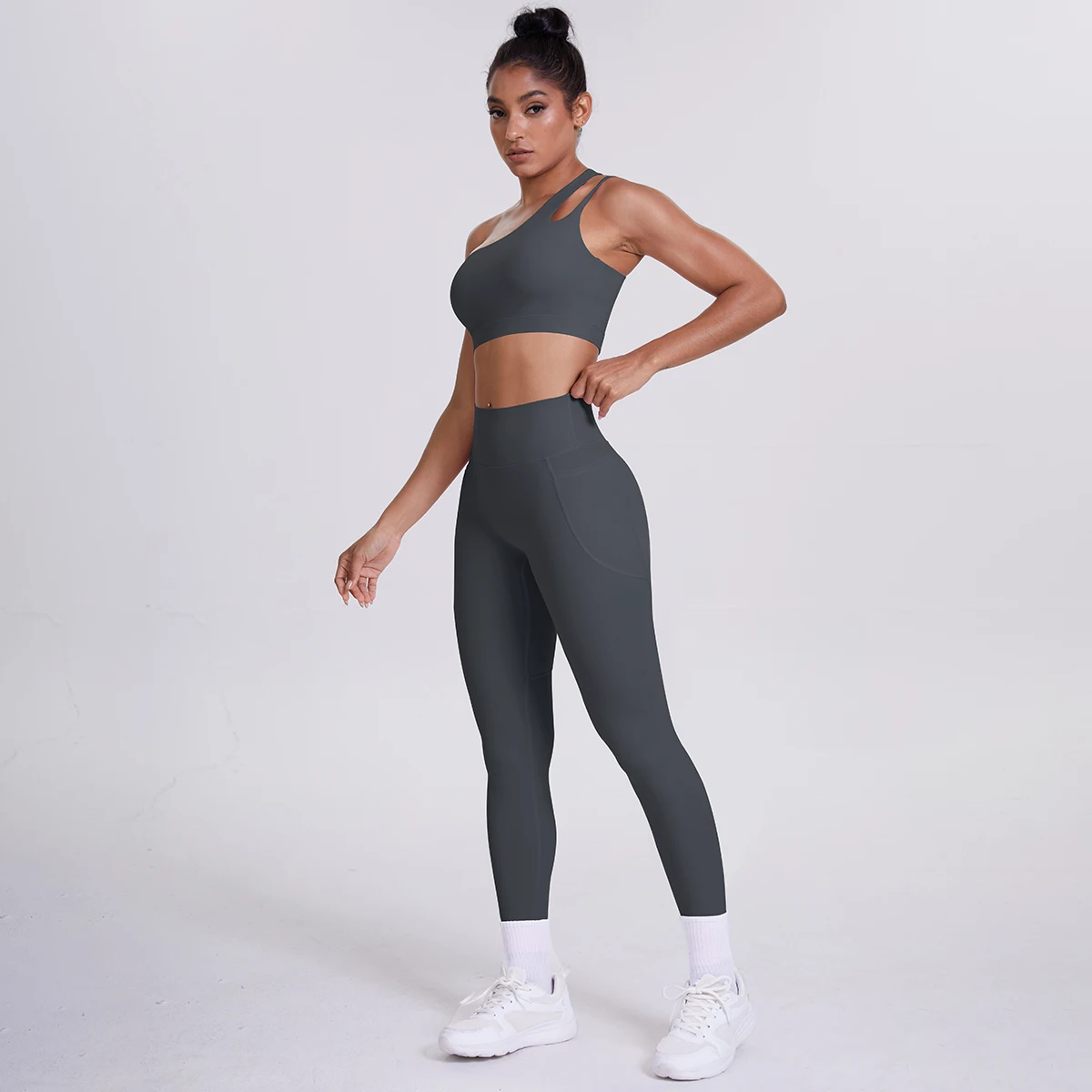 2-teiliges einfarbiges Sport-Yoga-Set für Damen, sexy, schräger Schulter-BH, Fitness-Top, Laufen, Radfahren, Taschen, Hosen, Fitnessstudio, Yoga-Set – Detail 27