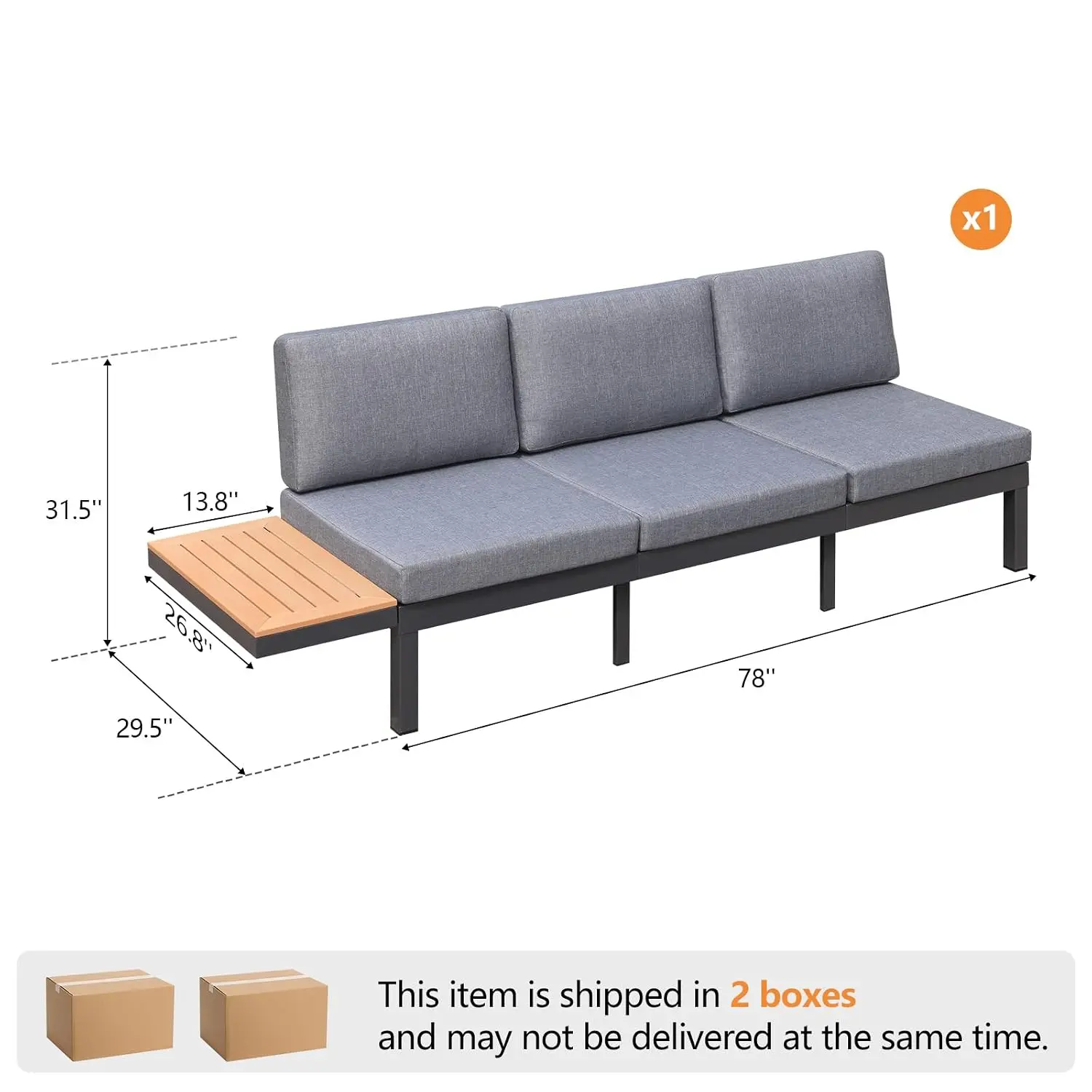 3-Seat Aluminum Outdoor Sofa Bed with Adjustable Backrest, Detachable Side Table for Patio Deck, Customized