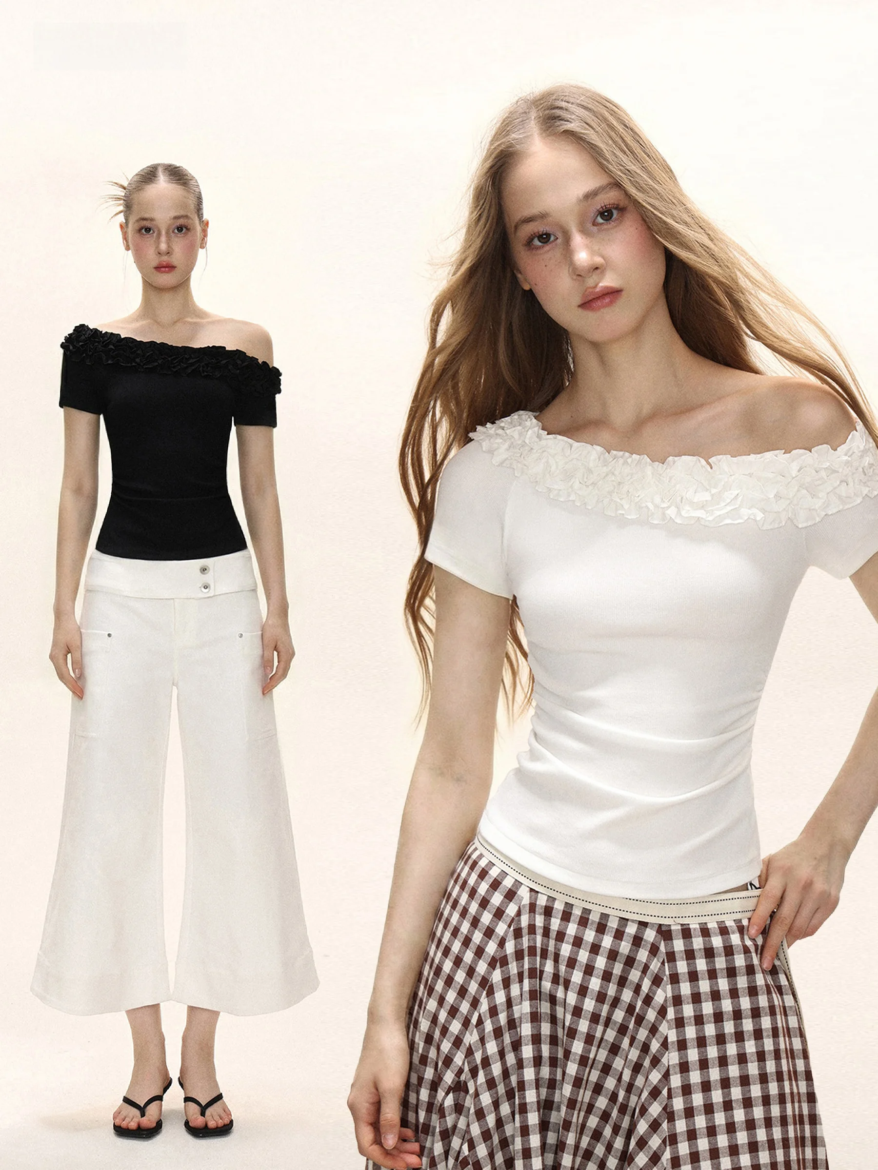 

Sweet Sle Knitted ort Sve T-irt Women's Summer Gathered Waist oulder Bared Inner Wear Design T-irt for Youn...