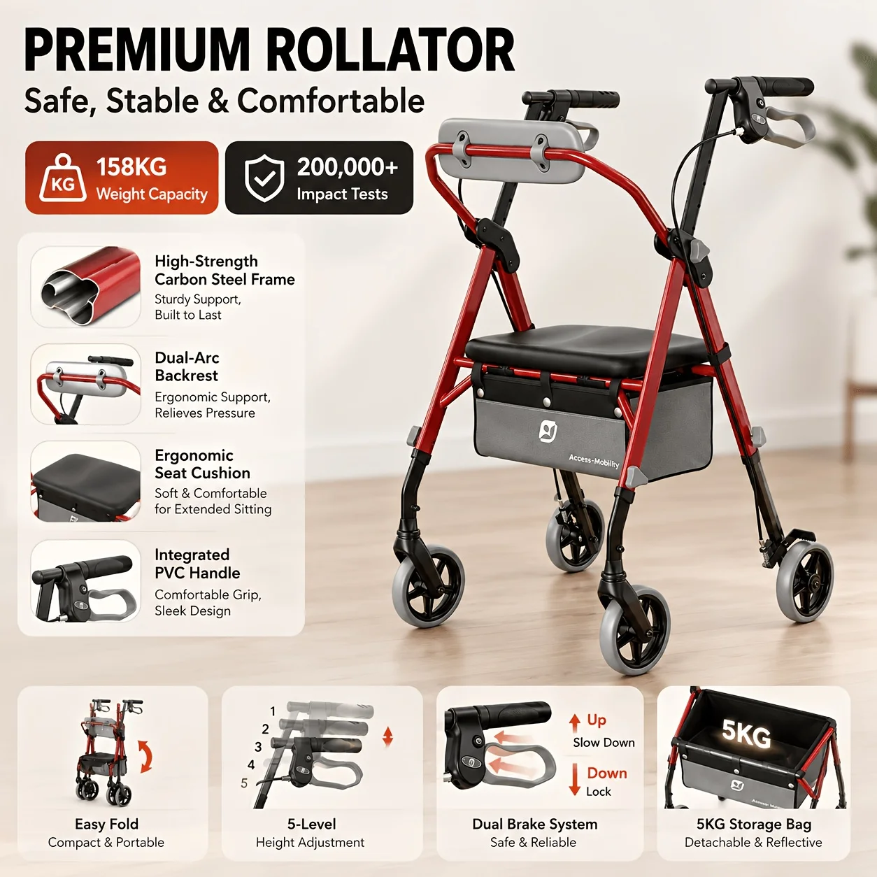 Christmas Gifts, Walkers For Seniors, Maidesite Rollator Walker With Seat, Max 350 Lbs, Avant Walkers With Ergo Seat & Backrest