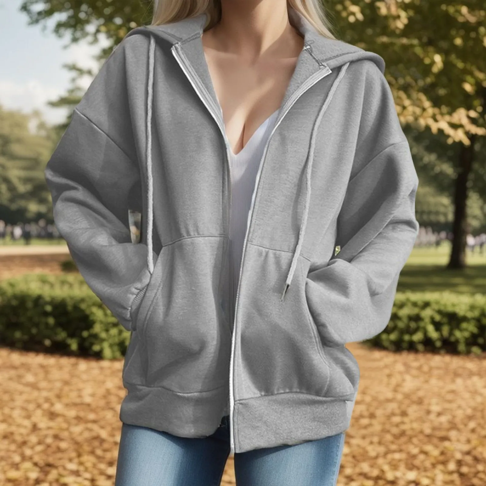 

Women Hoodie Street Long Sleeve Coat Sweatshirt Hooded Zipper Solid Color Coat Casual Warm Outwear Sweatshirt Blouse Autumn