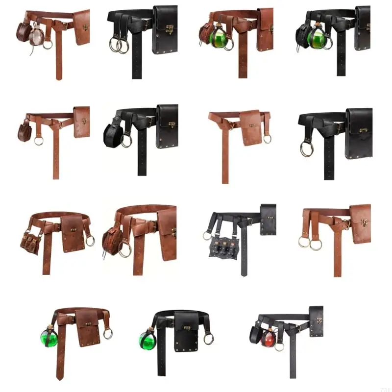 

77HE Medieval Leather Belt Pouches Potion Bottle Wizard Waist Bag for Women Men