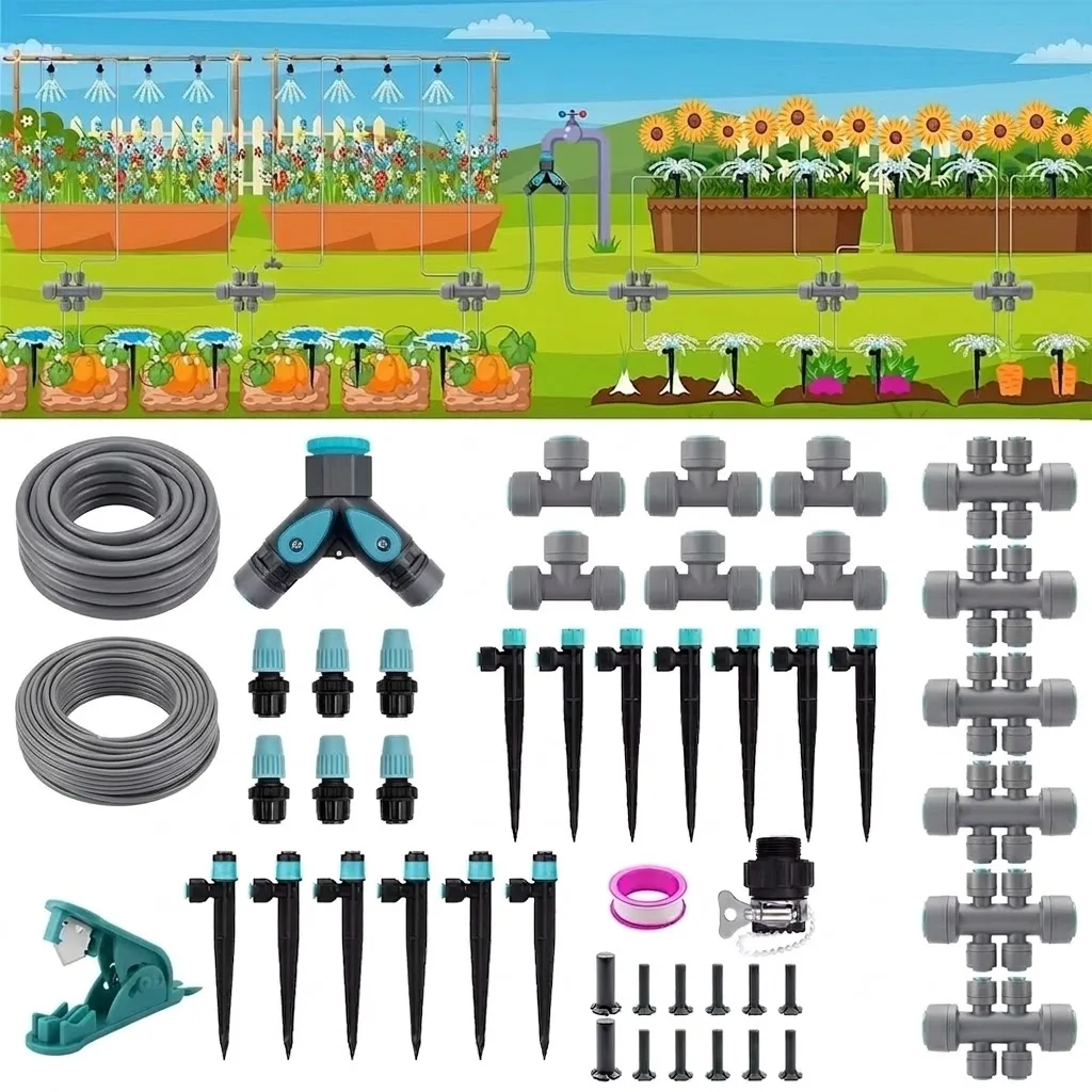 230FT Y Type Distribution Tubing Drip Irrigation Kit Featuring Three Adjustable Nozzle Types And Quick Connect System PE Hose