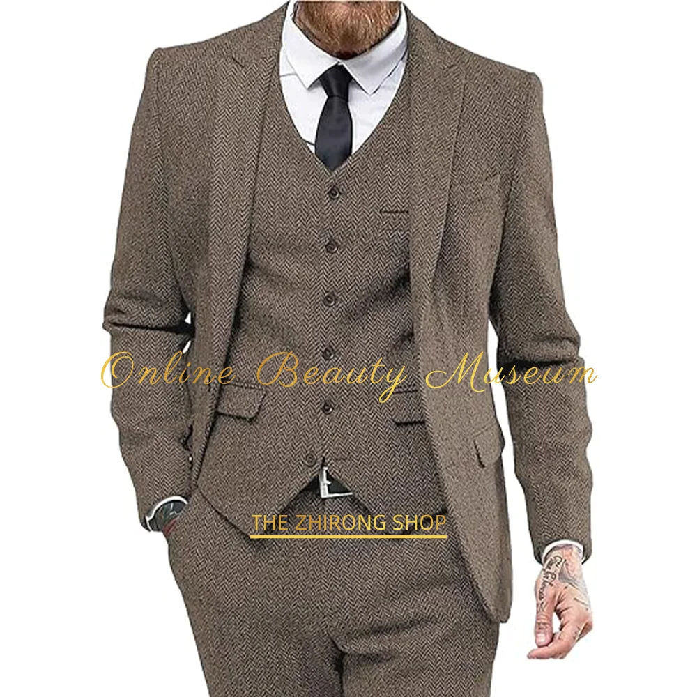 Men's Suit Classic Business 3 Piece Tailored Slim Fit Wedding Prom Party Dress Tuxedo Jacket Vest Pants Vintage Gray Tweed Suit