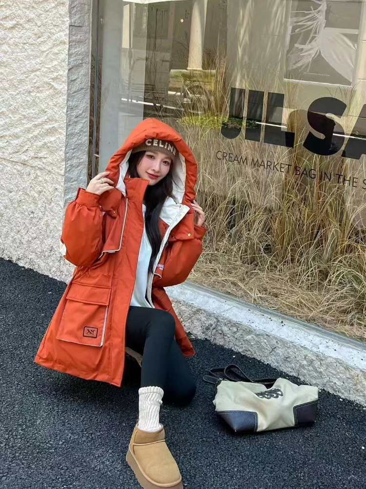 2025 겨울 여성용 신상 탈부착 후드 다운 재킷 컬러 블록 워크웨어 파카 오버코트 여성용 두꺼운 따뜻한 코트