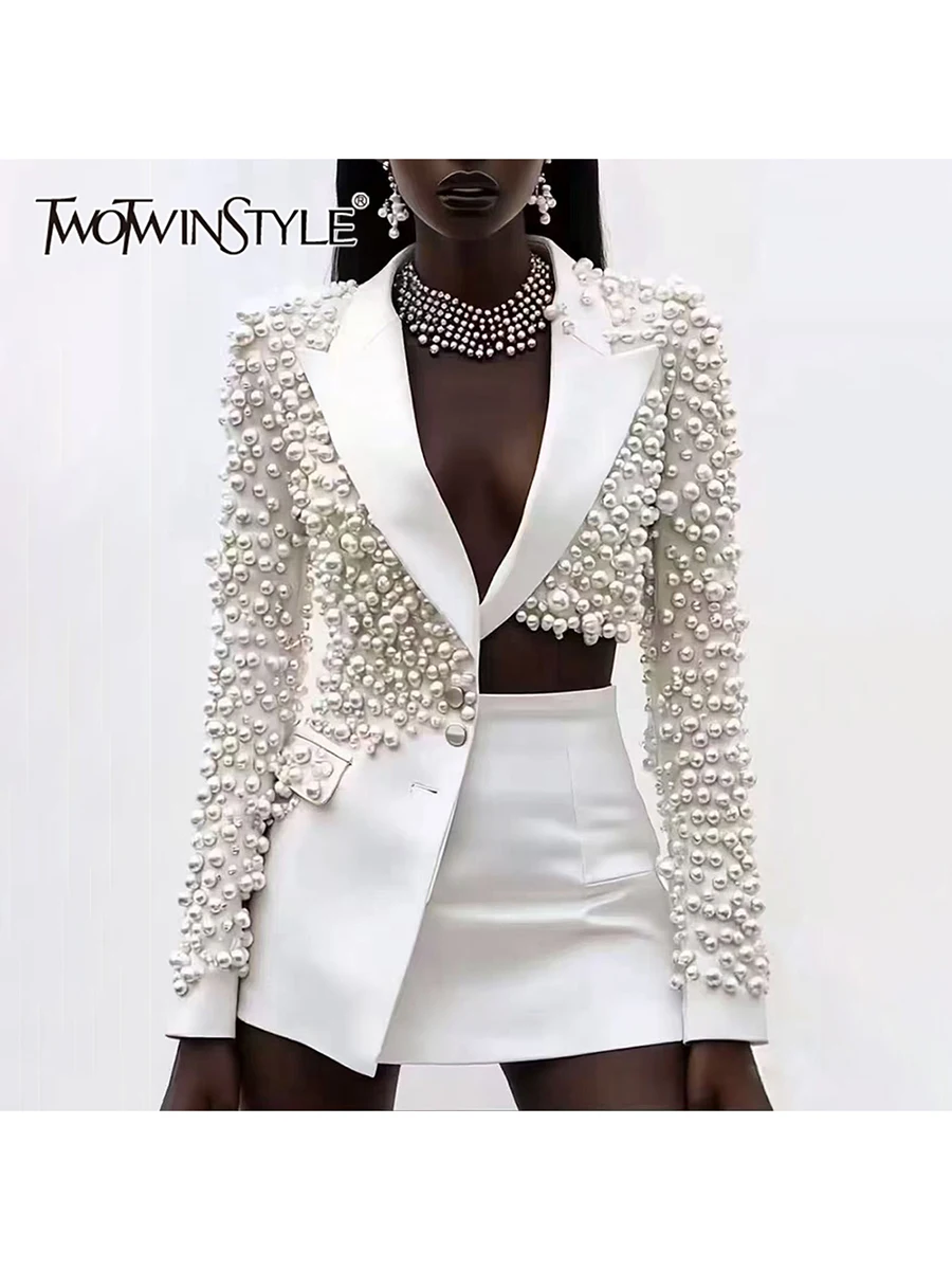 TWOTWINSTYLE Spliced Pearls Two Piece Set for Women Lapel Long Sleeve Irregular…