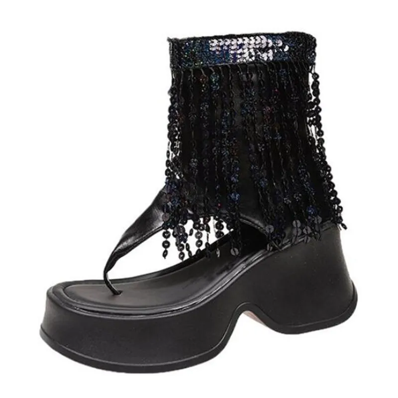 New Summer Women Thick Soled Shoe Trend Roman Wedge Lady Cool Boots Sequin Tassel Flip Flops High Heels Slides Women Ankle Boots
