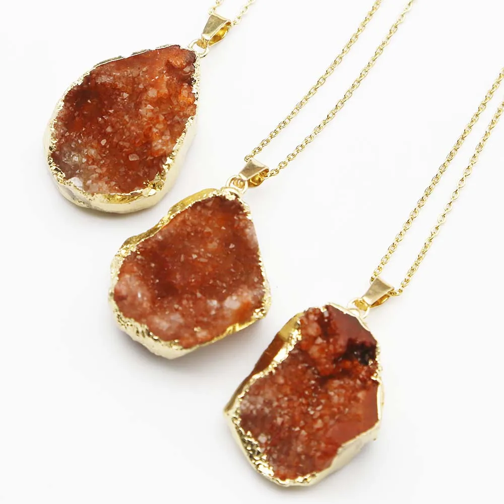 Natural Raw Ore Stone Druzy Orange Irregular Onyx Agate Gilt Edge Pendant Stainless Steel Chain Necklace Charm Jewelry Gift 4Pcs