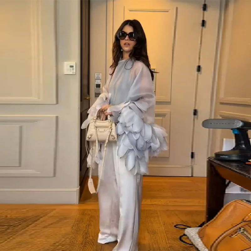 

Модная светло-голубая блузка из органзы с 3D-цветочным узором и оборками, свободного кроя, класса люкс, для весенне-летних свадеб и вечеринок, модный топ