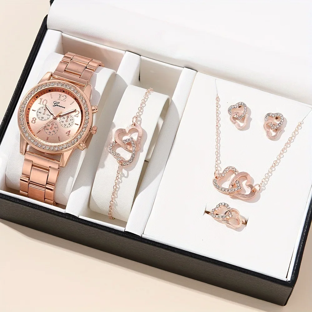 6PCS Set Rose Gold Luxury Watch Women Ring Necklace Earring Rhinestone Fashion Wristwatch Casual Ladies Bracelet Watches