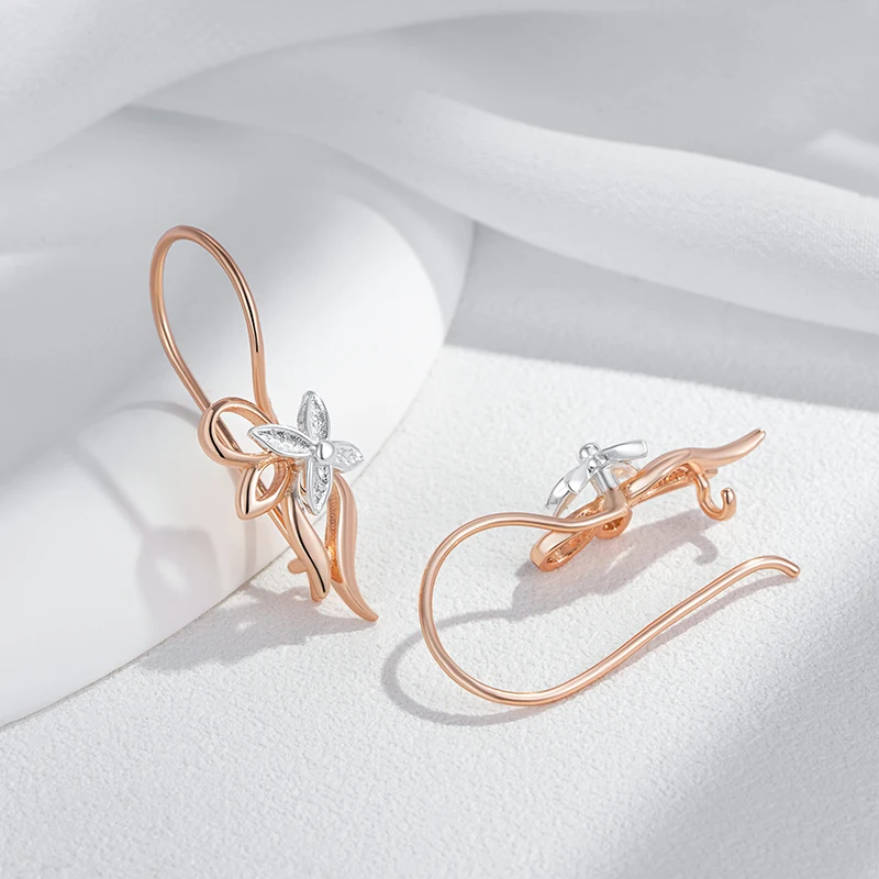 Kinel Hot Luxury Glossy Metal Flower Long Drop Earrings for Women 585 Rose Gold Silver Color Mix Daily Fine Vintage Jewelry
